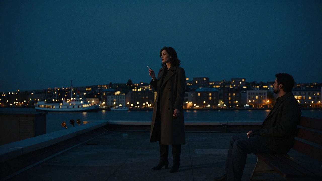 A lone woman on a Marseille rooftop at night, silhouetted against stars, with a man below looking up in quiet reverence.