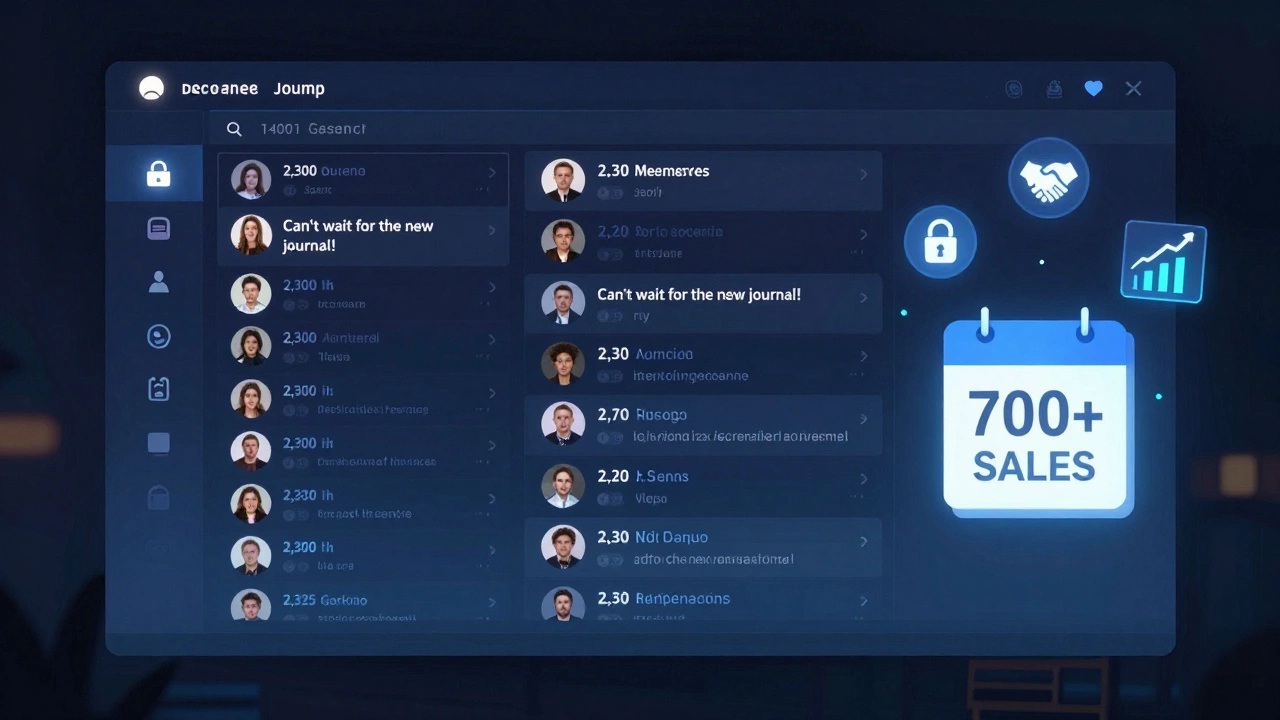 A private online community where fans engage with a creator, shown through glowing messages and launch notifications.