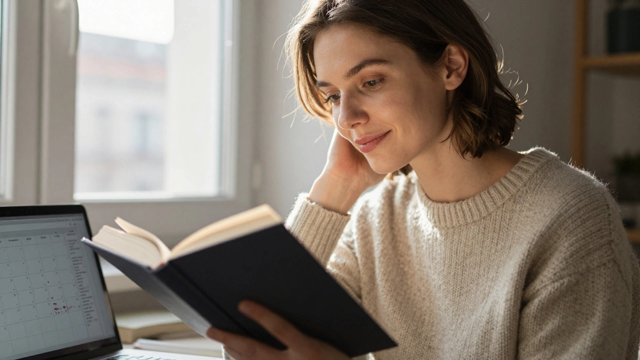 A Russian woman reading Dostoevsky by a sunlit window in Berlin, calm and thoughtful.
