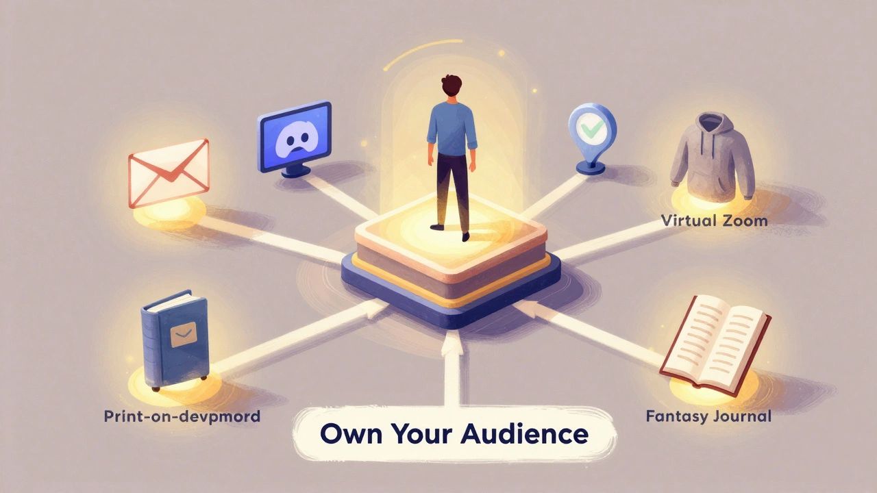 A visual map of diversified income streams for an adult content creator, including email lists, merch, and virtual events.