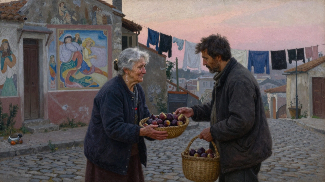 An elderly woman offering figs to a traveler in Le Panier at dawn, surrounded by faded murals and laundry lines.