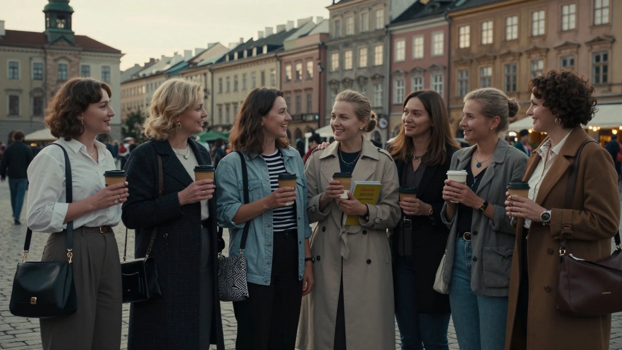 Eastern European women standing together in a European city, diverse and confident, enjoying the evening.